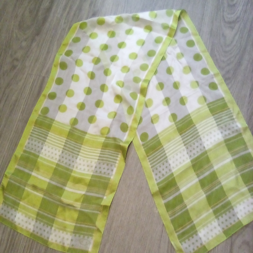Oscar de la Renta Green Polka Dot and Plaid Scarf